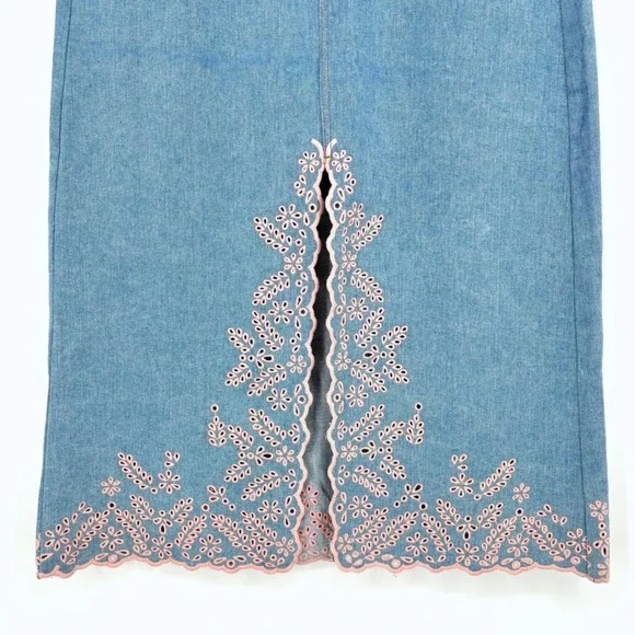 NWT Driftwood Serena Denim Maxi Skirt Sz 32 Blue Pink Eyelet Embroidered Slit‎ - Picture 9 of 14